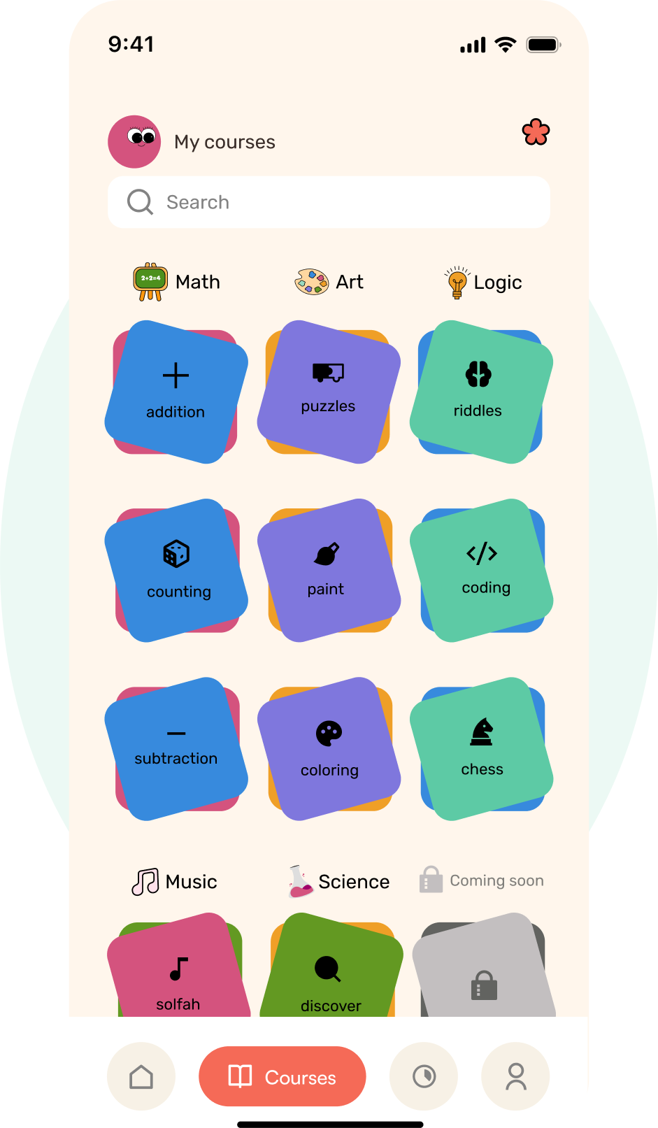 Courses: tilted, stacked tiles grouped by subject, with a locked Coming soon tile and a pale mint circle behind