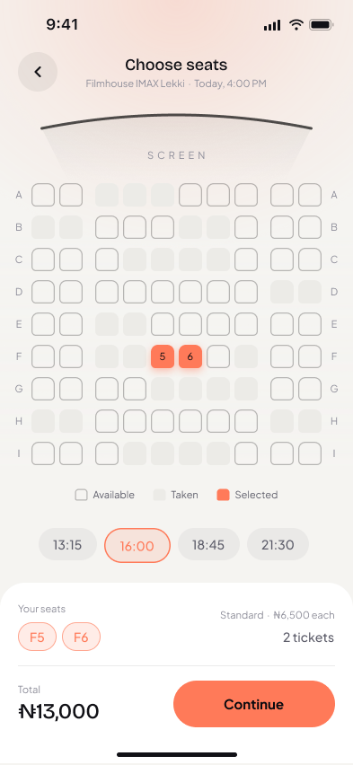 Cineva seat selection screen, light mode