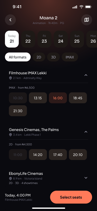 Cineva showtimes screen