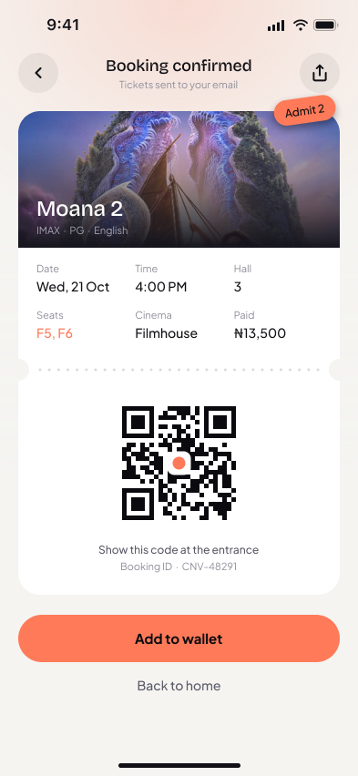 Cineva ticket screen, light mode
