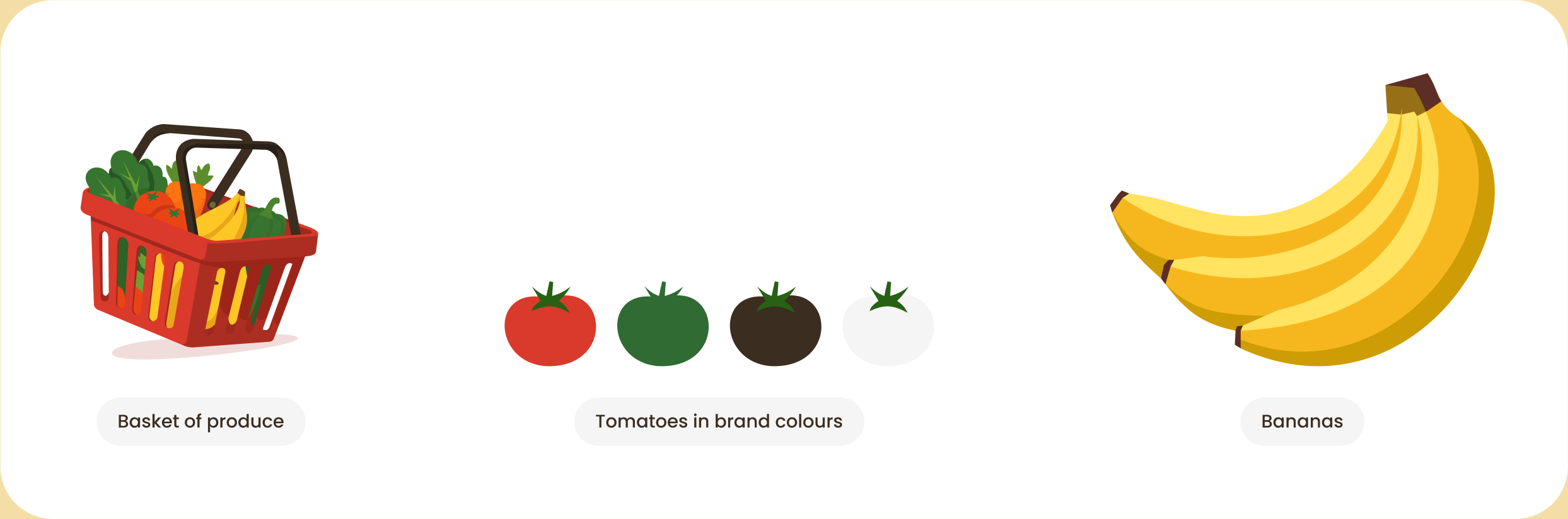 Hand-drawn illustrations: a basket of produce, four tomatoes in the brand colours, and a bunch of bananas