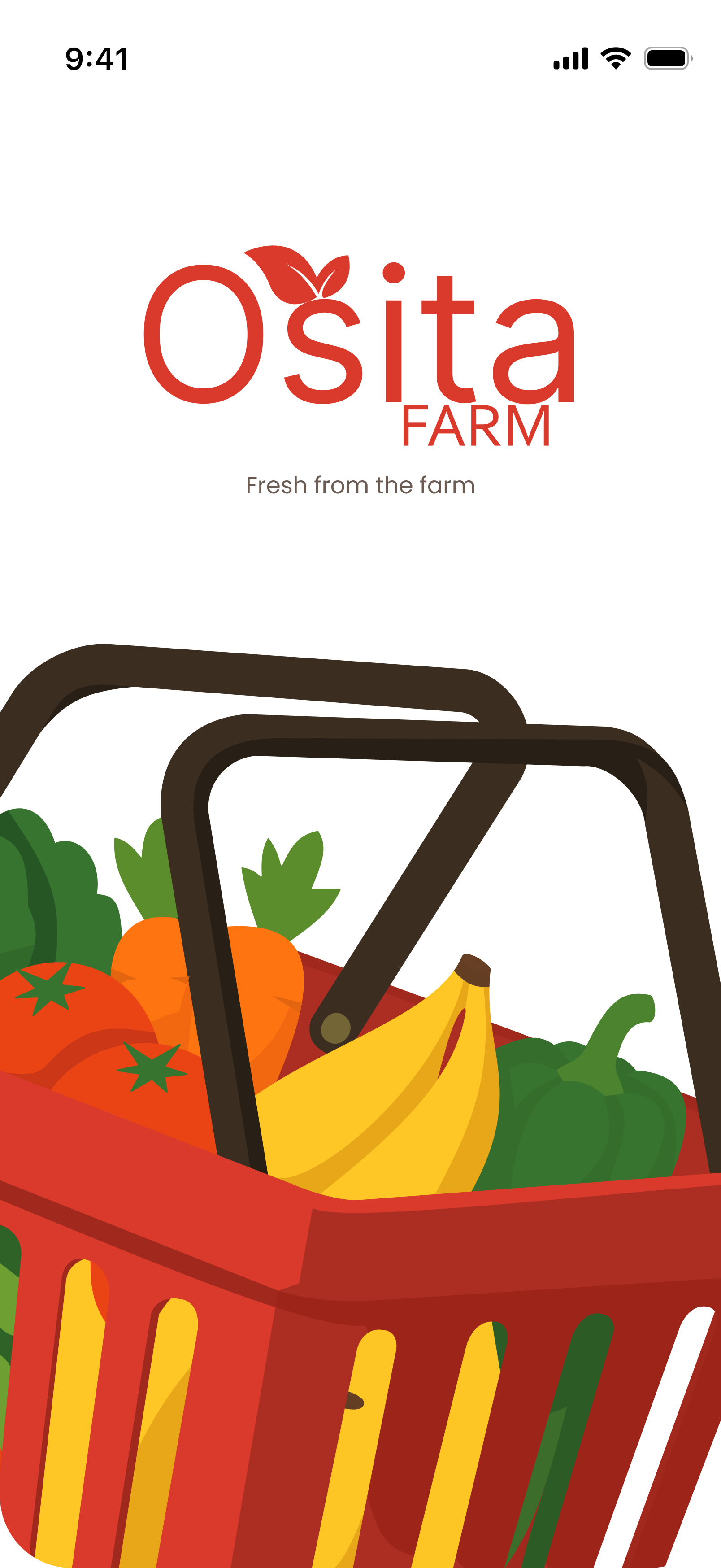 Splash screen: the Osita Farm logo above an illustrated basket of produce
