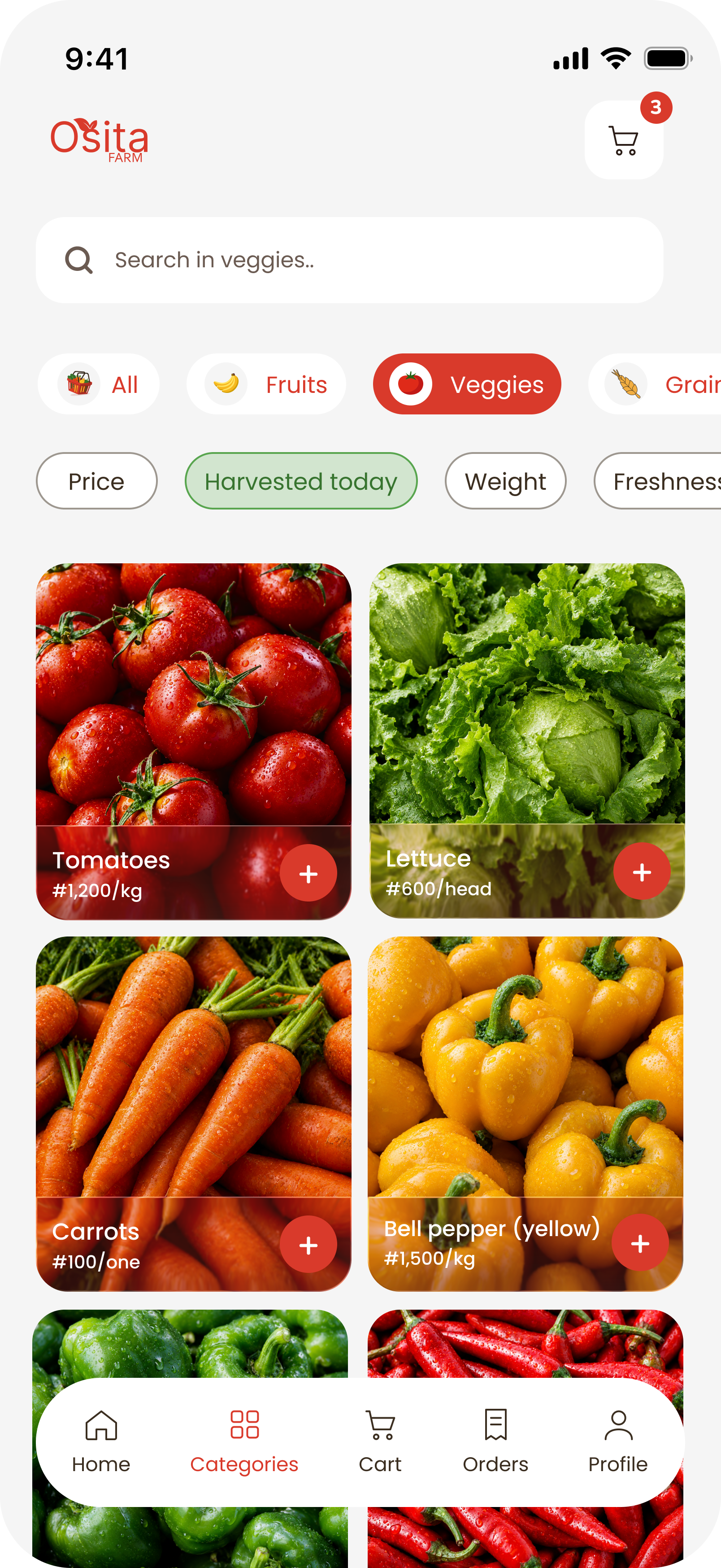 Categories: Veggies selected, a Harvested today filter beside Price and Weight, and a two-column photo grid