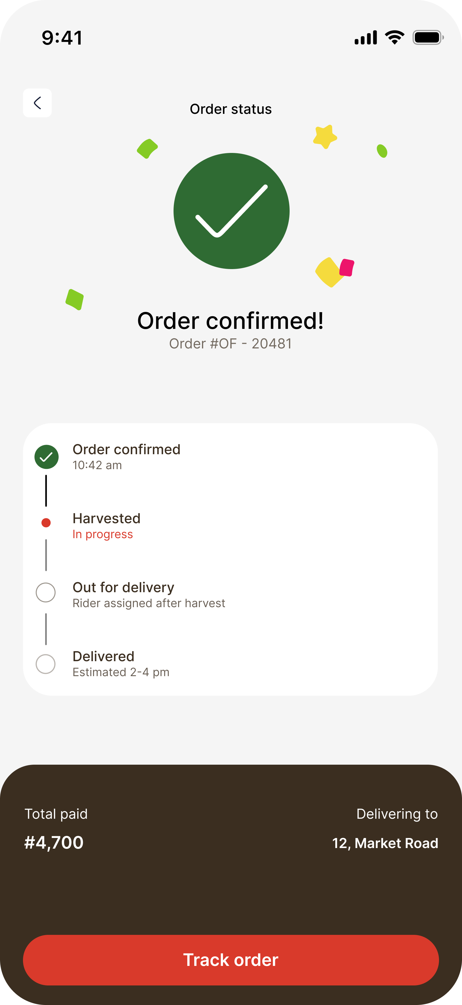Order status: a green check, confetti and a four-step timeline from Order confirmed to Delivered